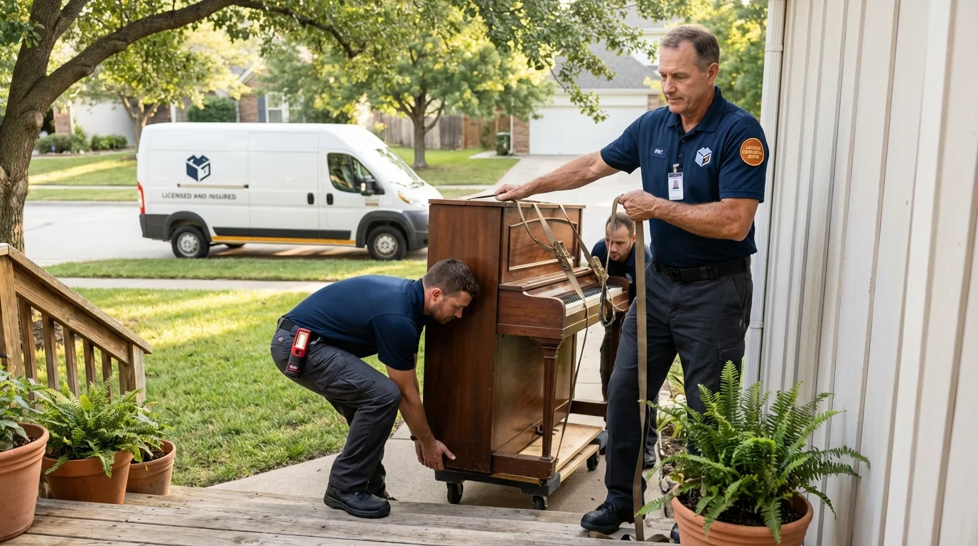 Licensed piano movers securing grand piano in Waldoboro, ME
