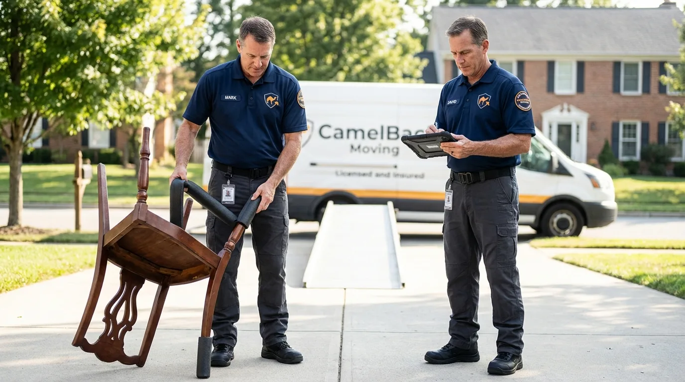 Movers inspecting furniture for damage prevention before loading in Waldoboro, ME