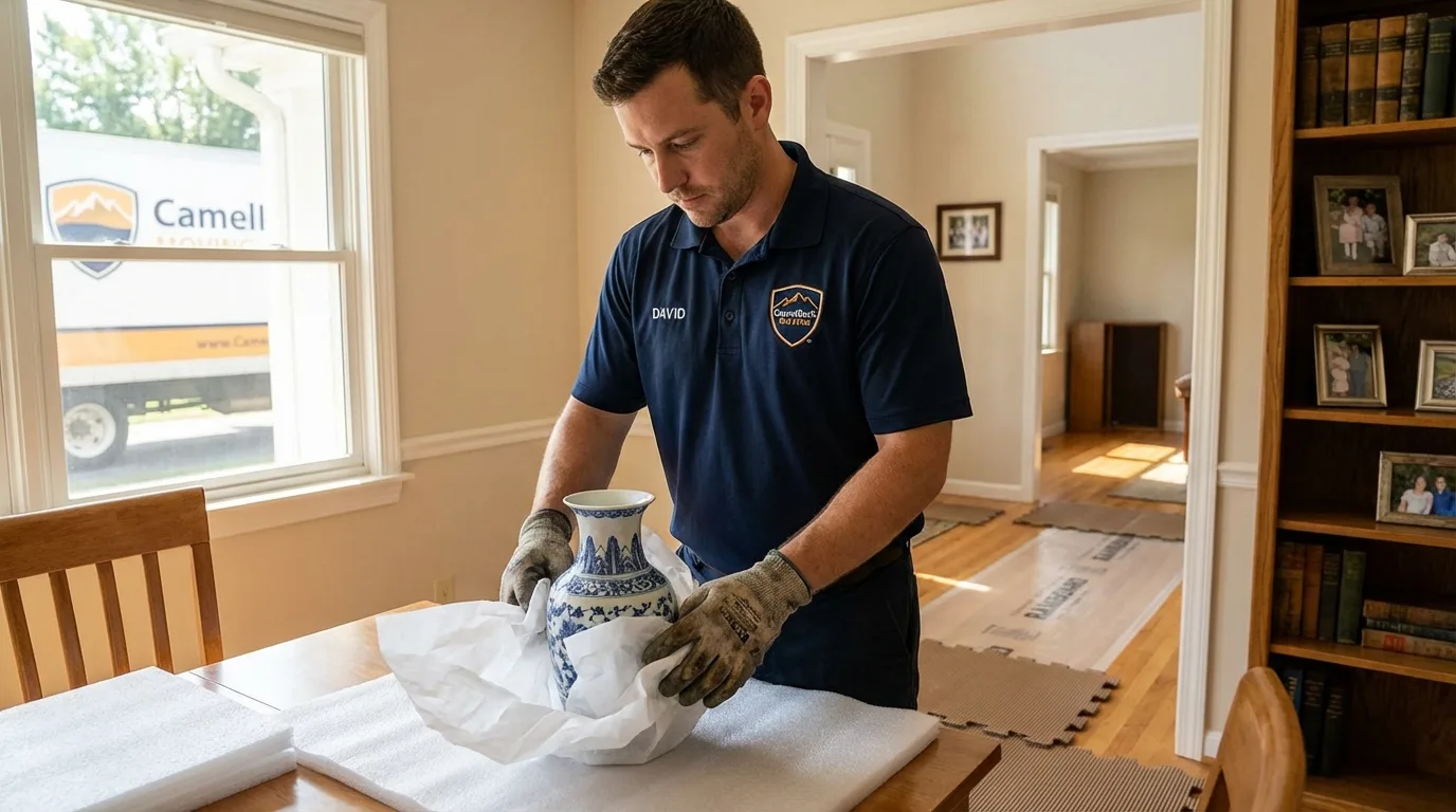 Professional crew carefully wrapping antique vase for senior downsizing move in Waldoboro, ME