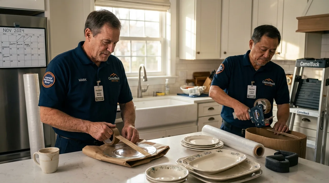 Professional crew packing kitchen dishware in Waldoboro, ME